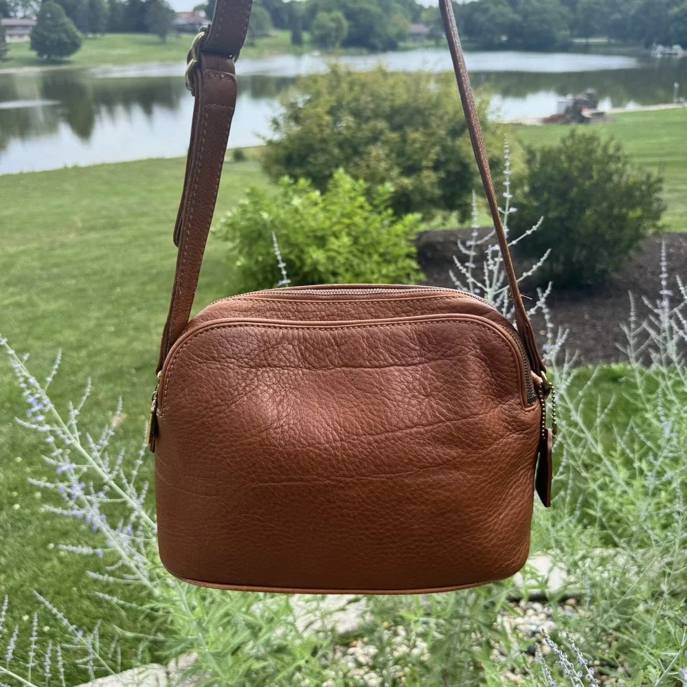Vintage Coach 4914 ~ Natural Grain Double Zip Saddle Brn Leather Purse 90's READ